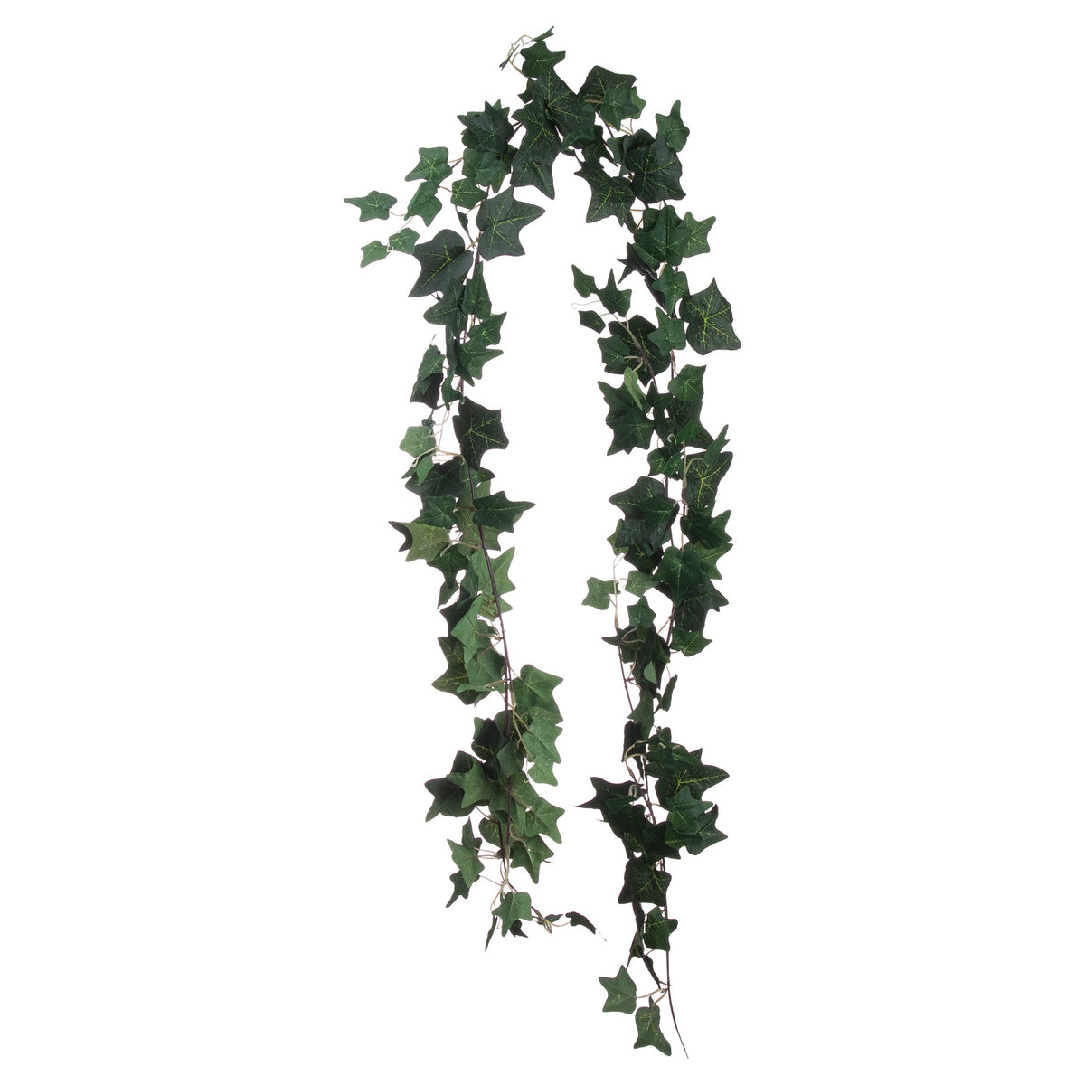 Artificial ivy garland arranged in a long loop against white, with lobed green leaves along thin branching vines.