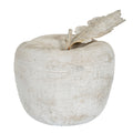 Pale mottled apple ornament viewed from the front, with a rounded lobed body, short stem and leaf angled to the right.