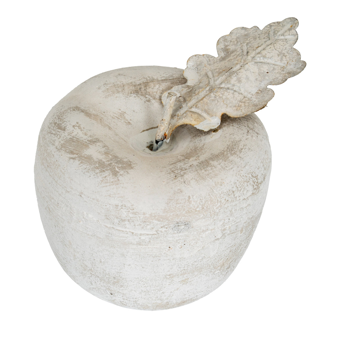 Apple ornament viewed from above at an angle, showing the deeply indented top and raised veins on the broad lobed leaf.
