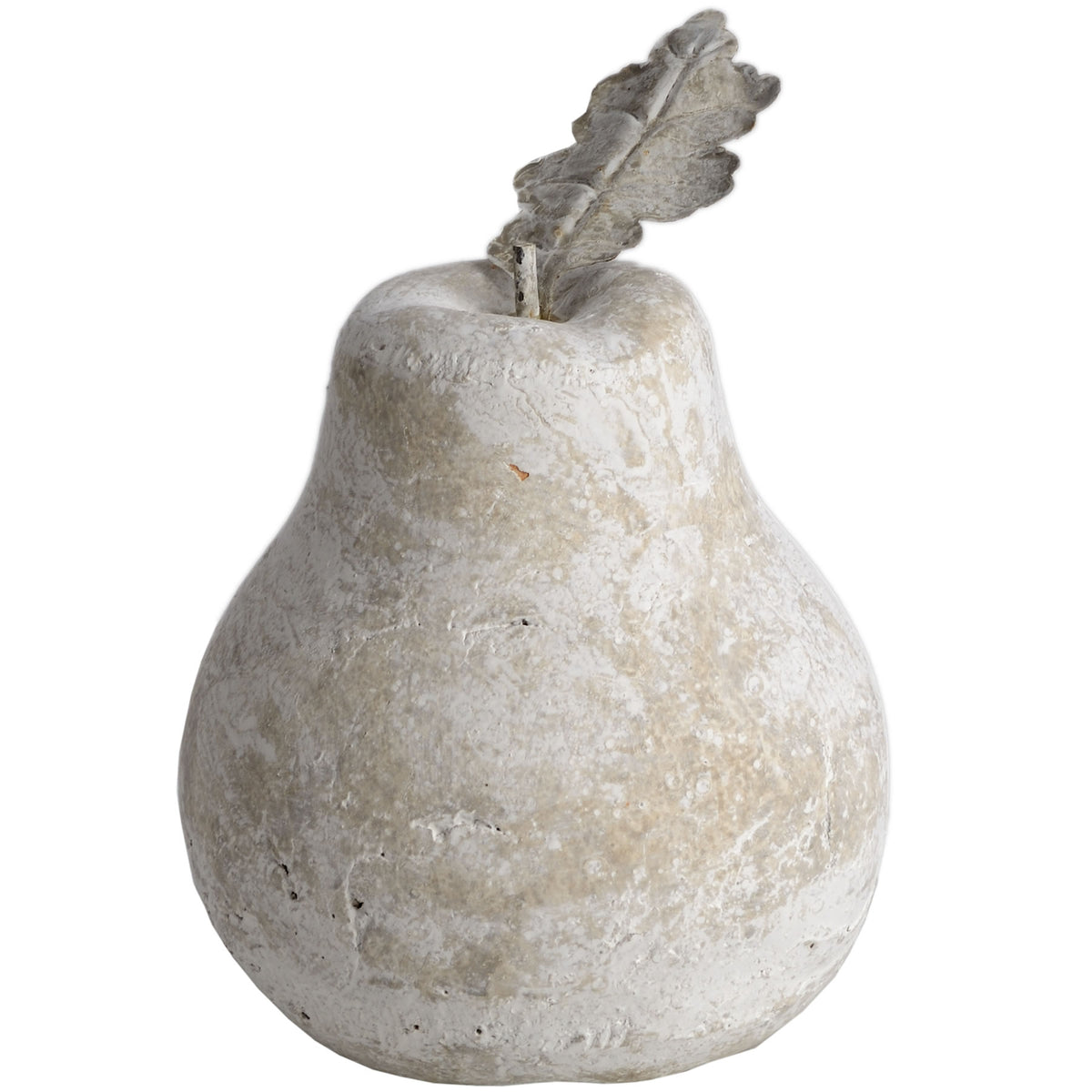 Cream-grey pear ornament on a white background, with a pitted rounded body, short stem and upright lobed leaf showing branching veins.