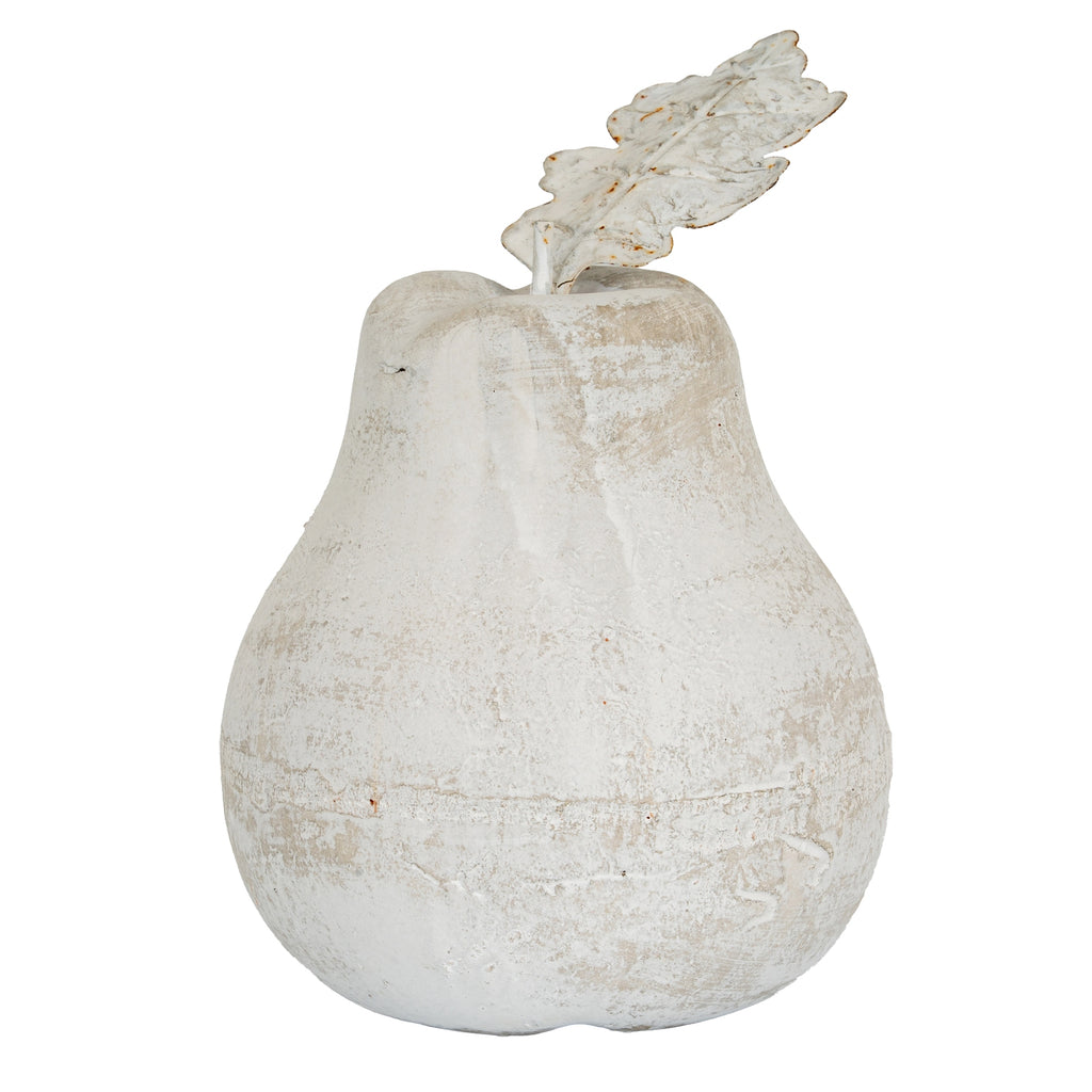 Pale mottled pear ornament with a rounded base, short stem and large lobed leaf against a white background.