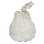 Pale mottled pear ornament with a rounded base, short stem and large lobed leaf against a white background.