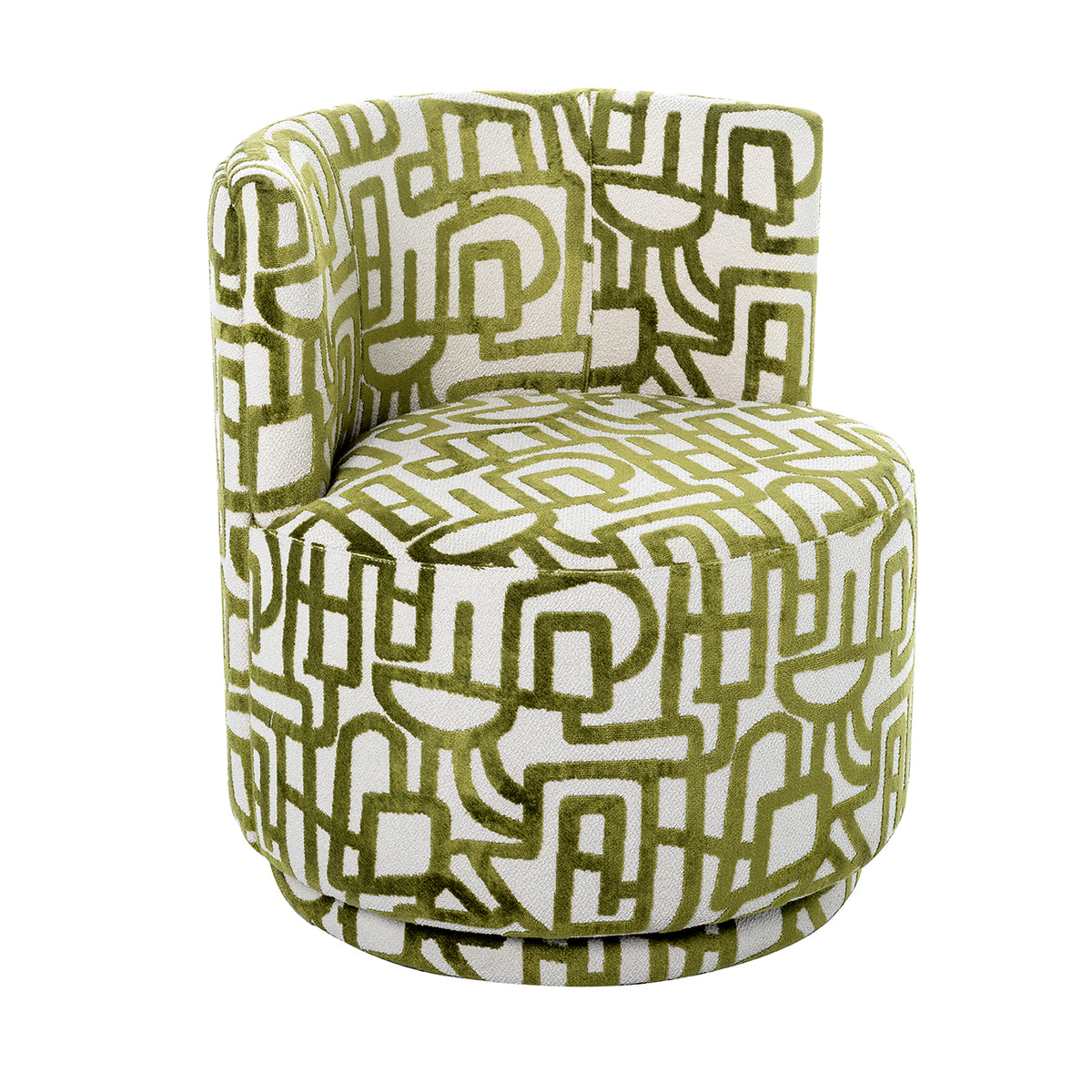 Opposite front angle of the swivel chair, showing the wraparound back and patterned upholstered plinth.