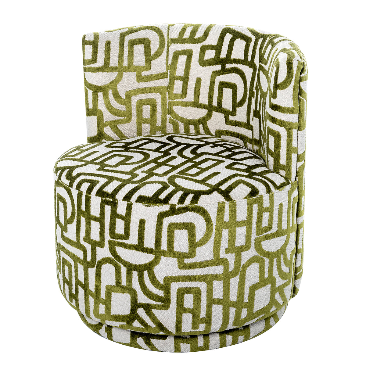 Three-quarter front view of the ivory and olive-green patterned chair, showing its rounded seat and curved low back.
