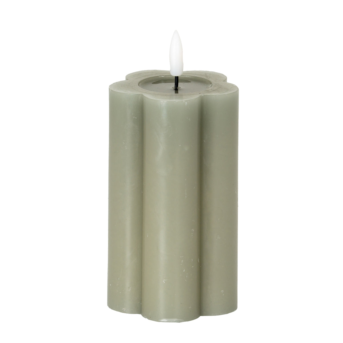 Grey-green pillar LED candle with rounded vertical lobes, a recessed circular top and a white flame-shaped element against a white background.