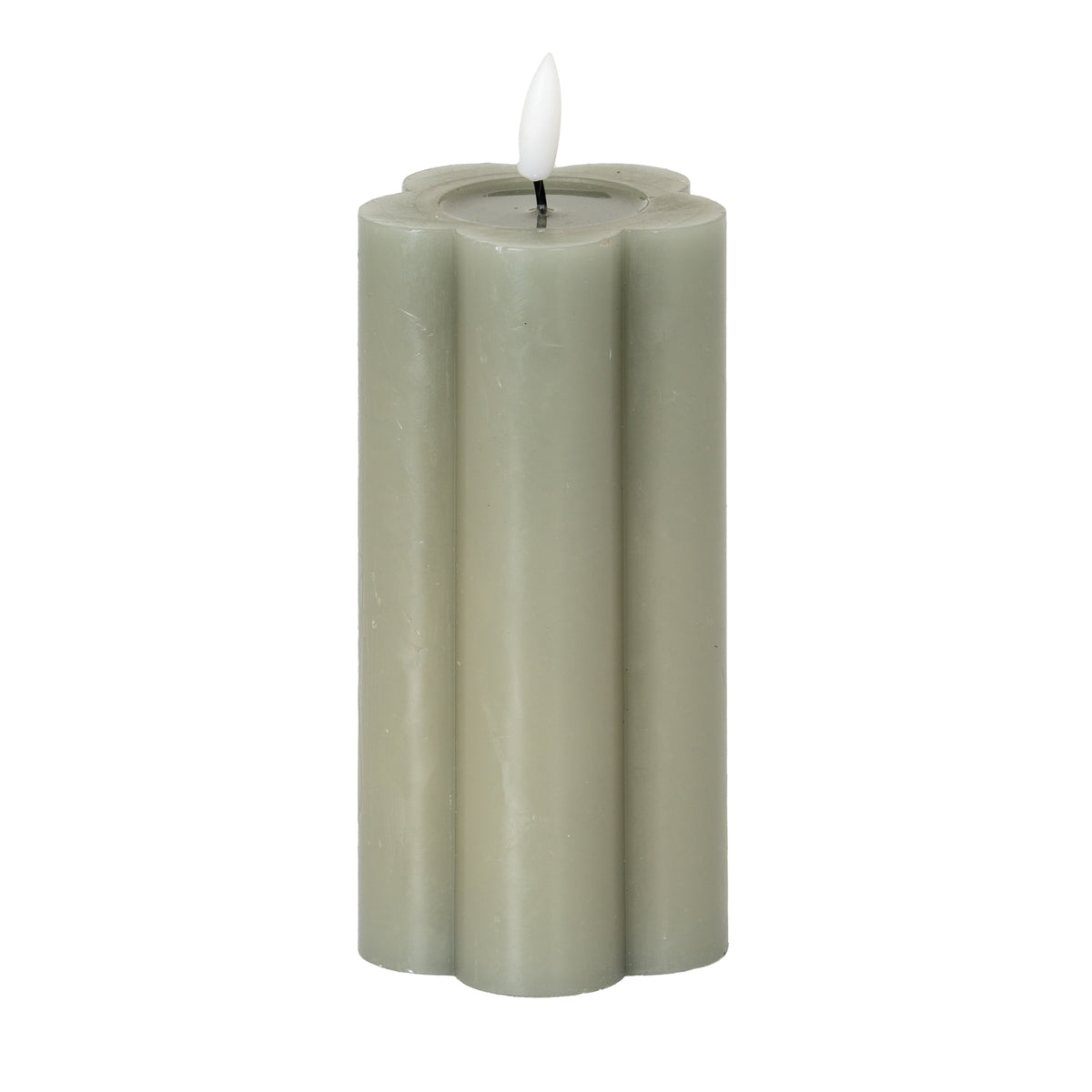 Grey-green pillar LED candle on a white background, showing its vertical lobes, recessed top and white flame-shaped detail.