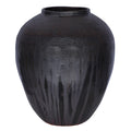 Rounded black vase with brown undertones, a short open neck, textured shoulders and long vertical surface marks, shown against white.
