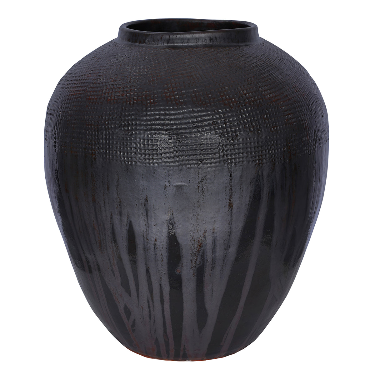 Rounded black vase with brown undertones, a short open neck, textured shoulders and long vertical surface marks, shown against white.