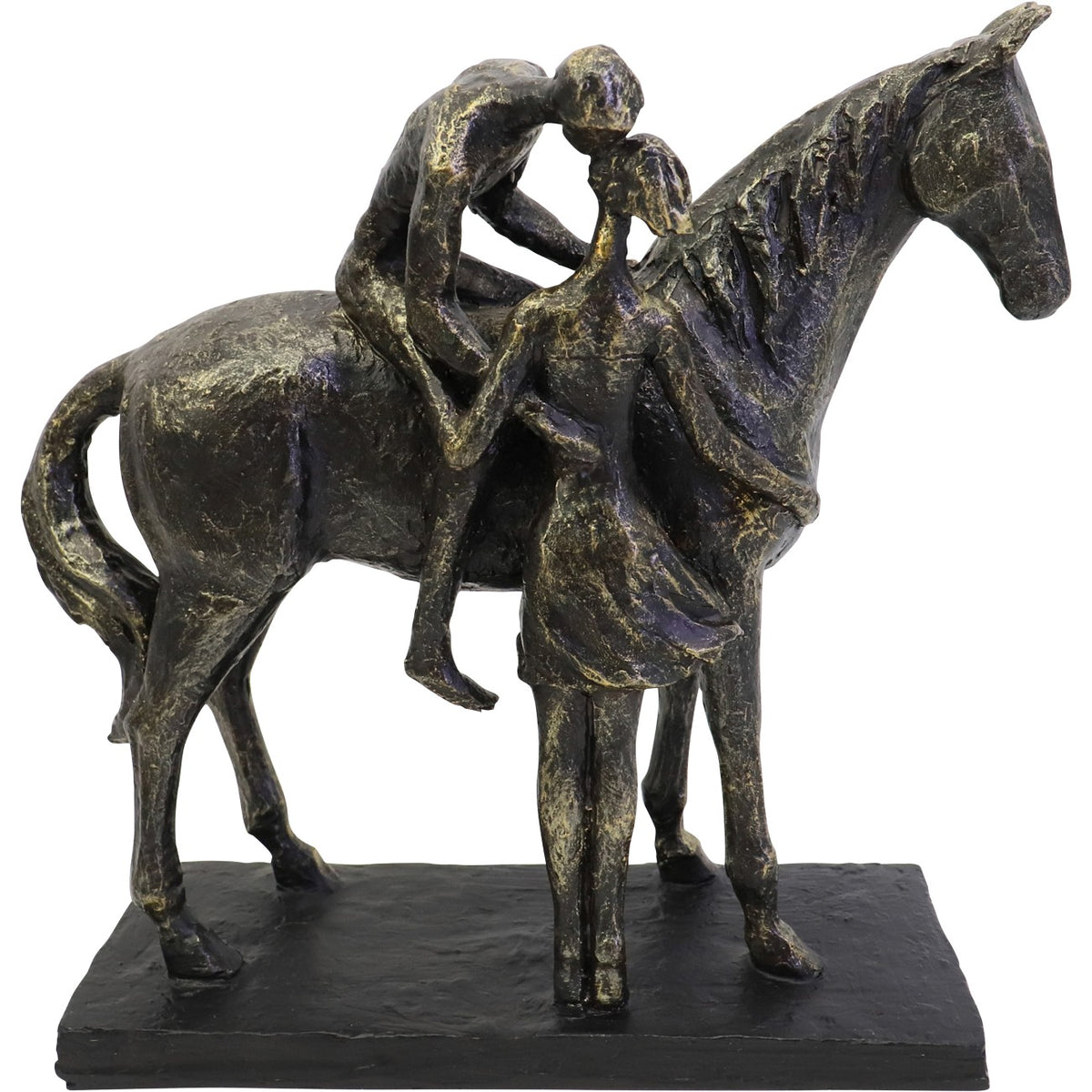 Opposite side of the sculpture, showing the standing figure’s flowing skirt and the rider bending down for a kiss.