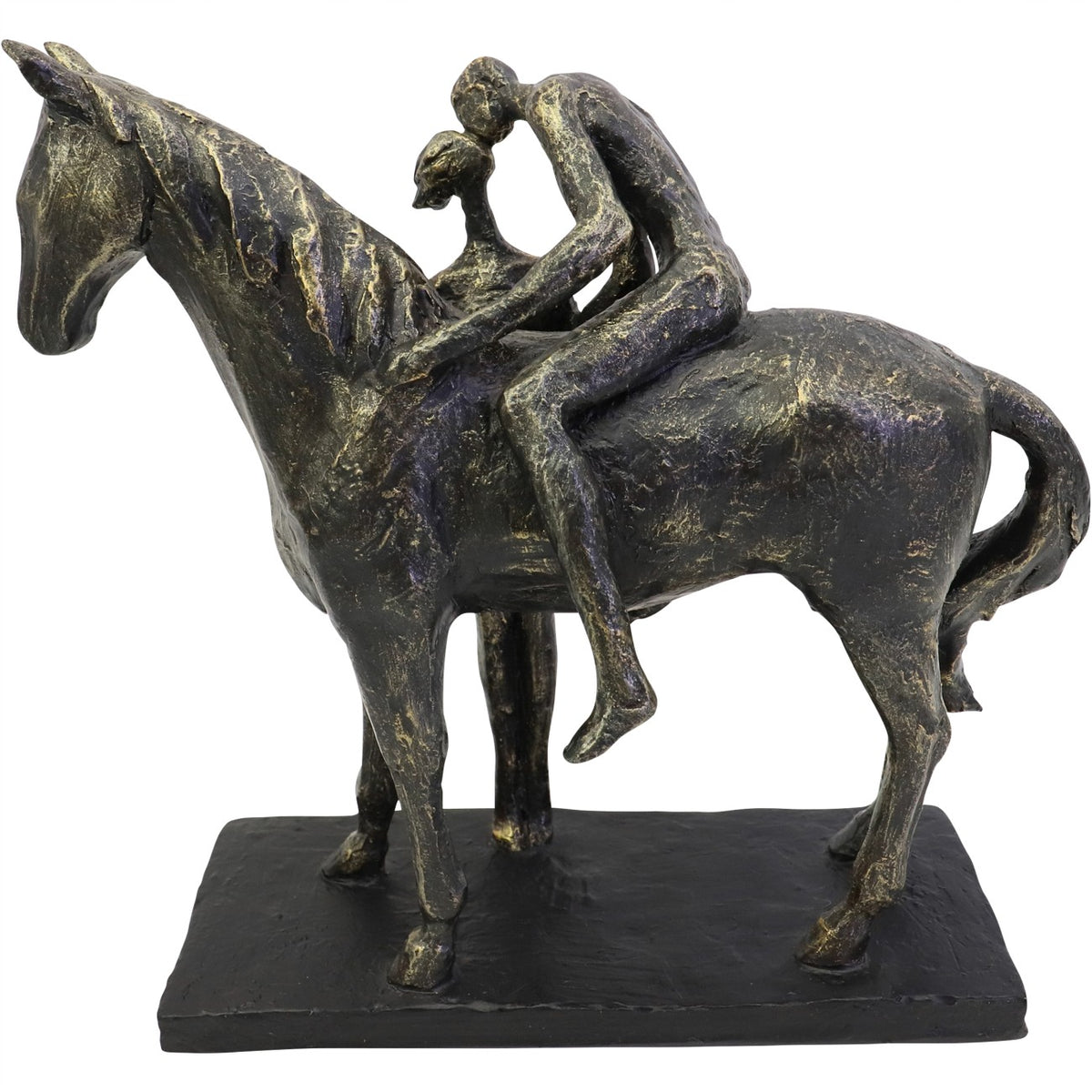 Antique bronze-effect horse and kissing couple sculpture, horse facing left with the seated figure prominent on a rectangular black plinth.