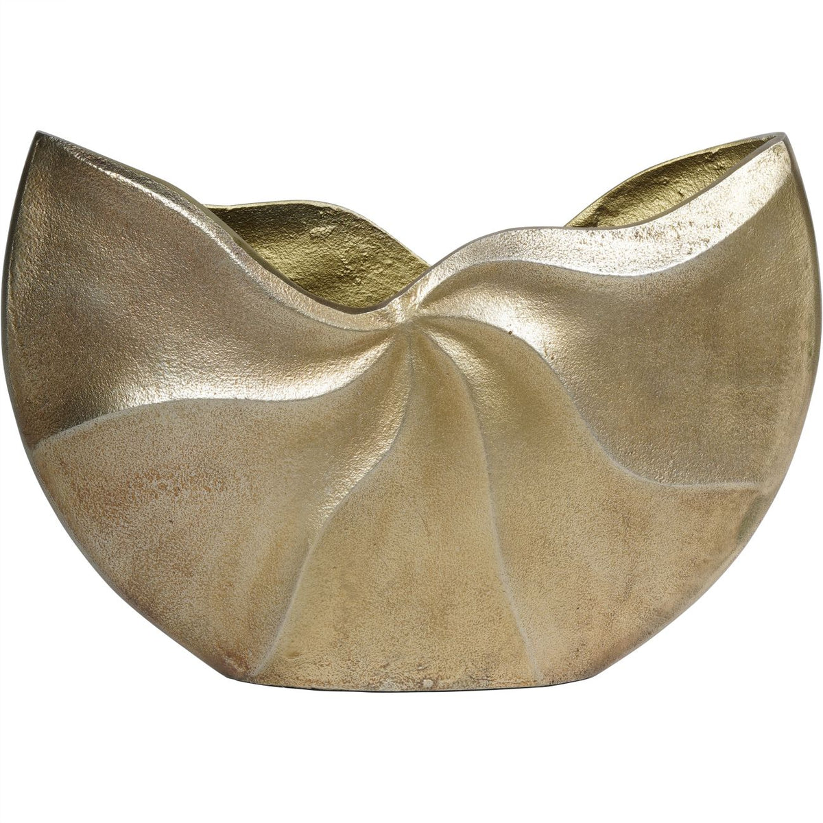 Front view of the gold-toned Volute Vase with raised outer points and folds radiating from an offset pinch.