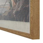 Angled close-up of the print's lower right corner, showing the grain-like frame texture, rounded beaded edge and pale surround beside the illustrated rocks.