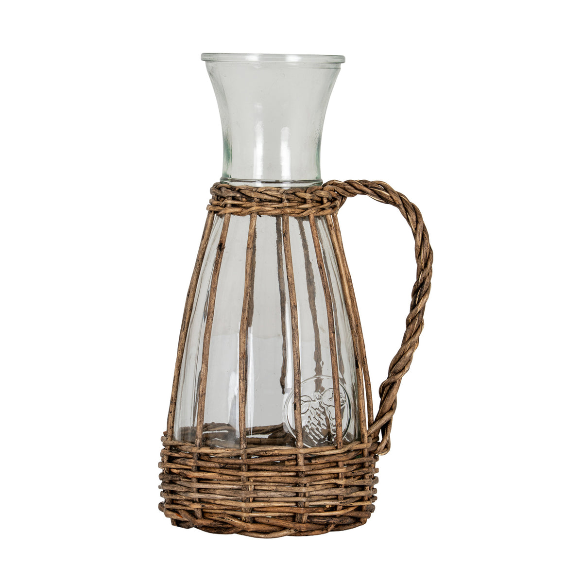 Transparent tapered carafe with a flared neck, brown woven waistband and base, vertical rods and a curved handle on the right, shown against white.