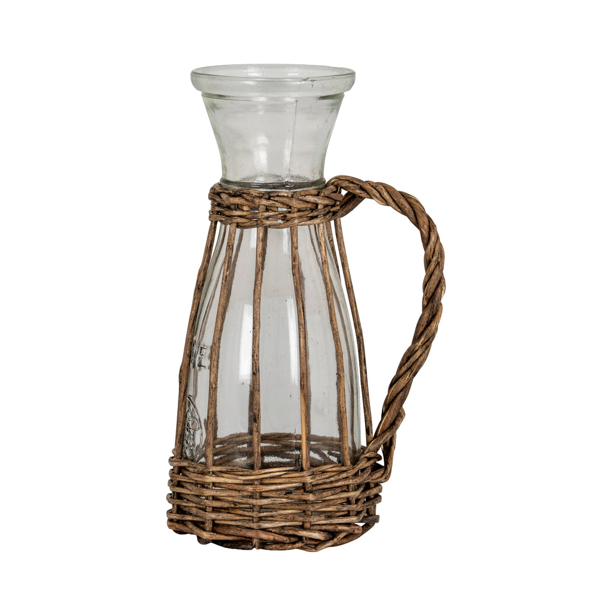 Transparent carafe with a flared open neck, brown woven bands at the waist and base, slender vertical supports and a curved handle on the right.