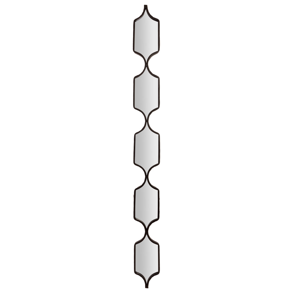 Full front view of the wall mirror with five pointed reflective panels and curved black links on a white background.