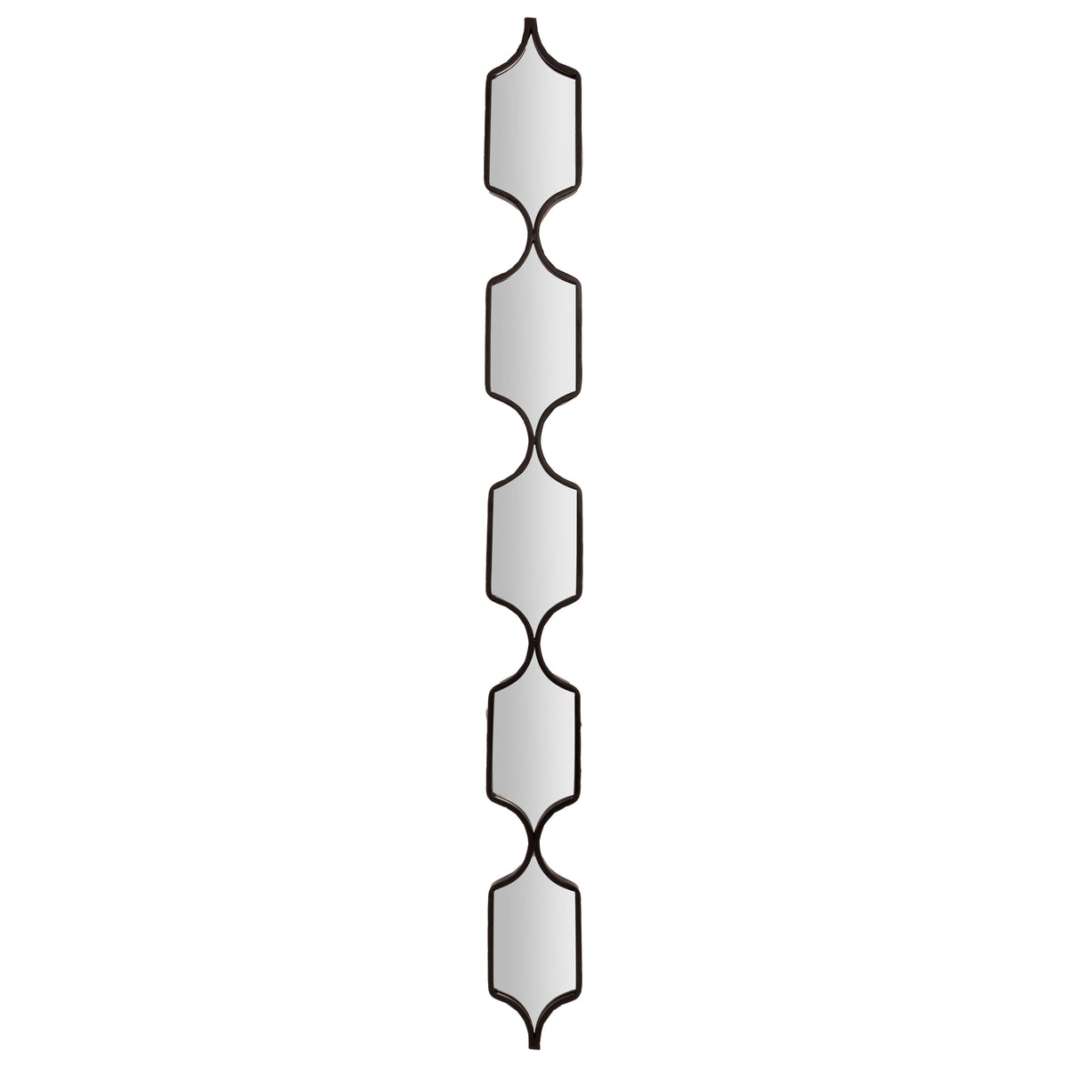 Full front view of the wall mirror with five pointed reflective panels and curved black links on a white background.