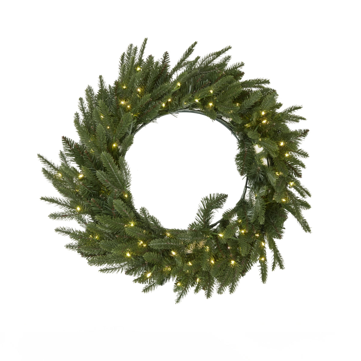 Green artificial wreath with dense fir-style sprays, an open circular centre and warm lights, shown against a white background.