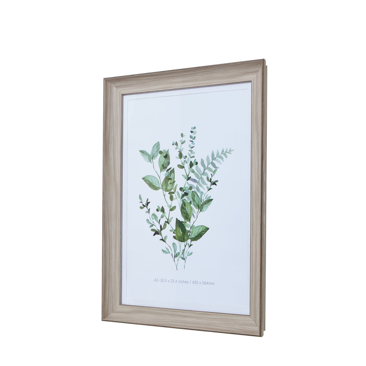 Angled front view of a pale washed photo frame with a broad mitred border, shown with a green botanical illustration.