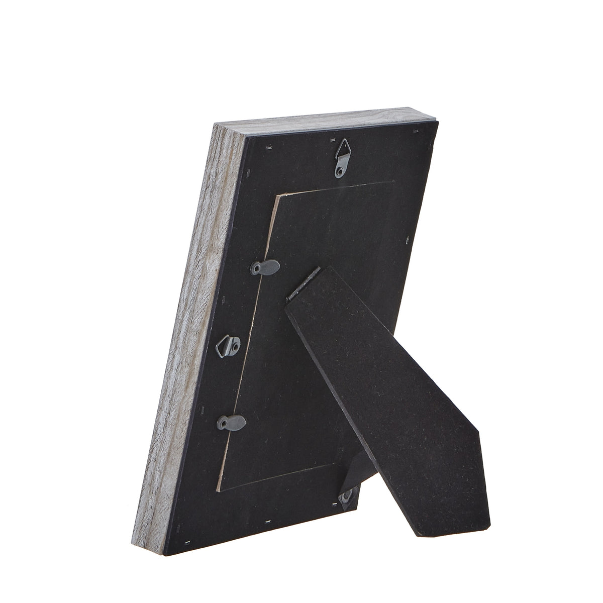 Rear view of the photo frame with its black folding easel extended, retaining tabs and hanging loops visible.