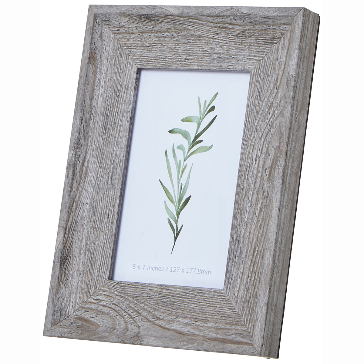 Angled front view of a portrait photo frame with a broad pale grey-brown grain-patterned border and a green leafy illustration inside.