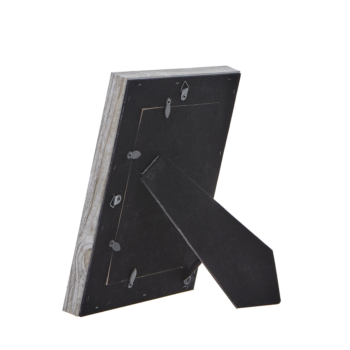 Rear view of the photo frame with its black folding easel extended, retaining tabs around the backing and hanging loops visible.