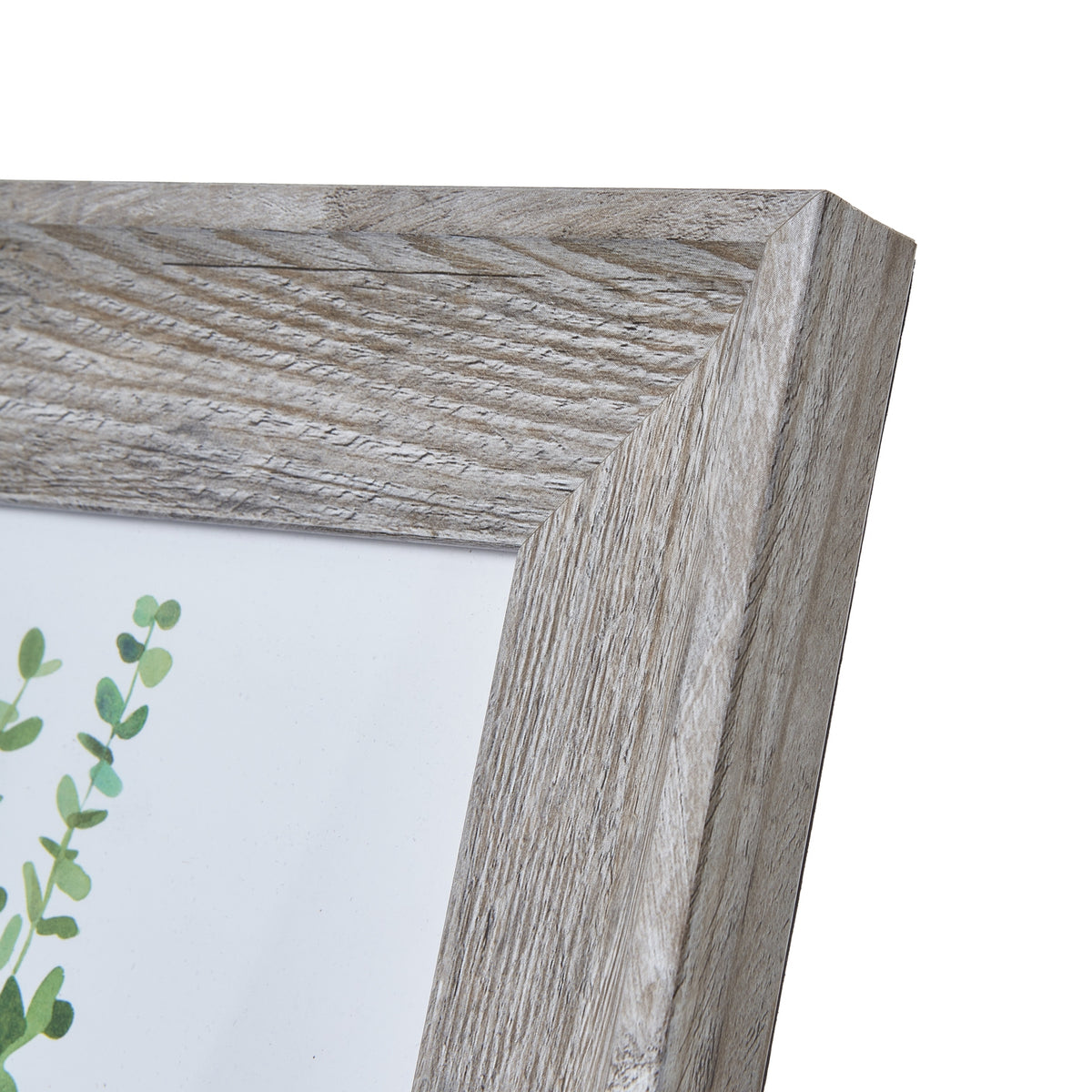 Close-up of the frame's upper right mitred corner, showing pale highlights across the pronounced grain pattern.