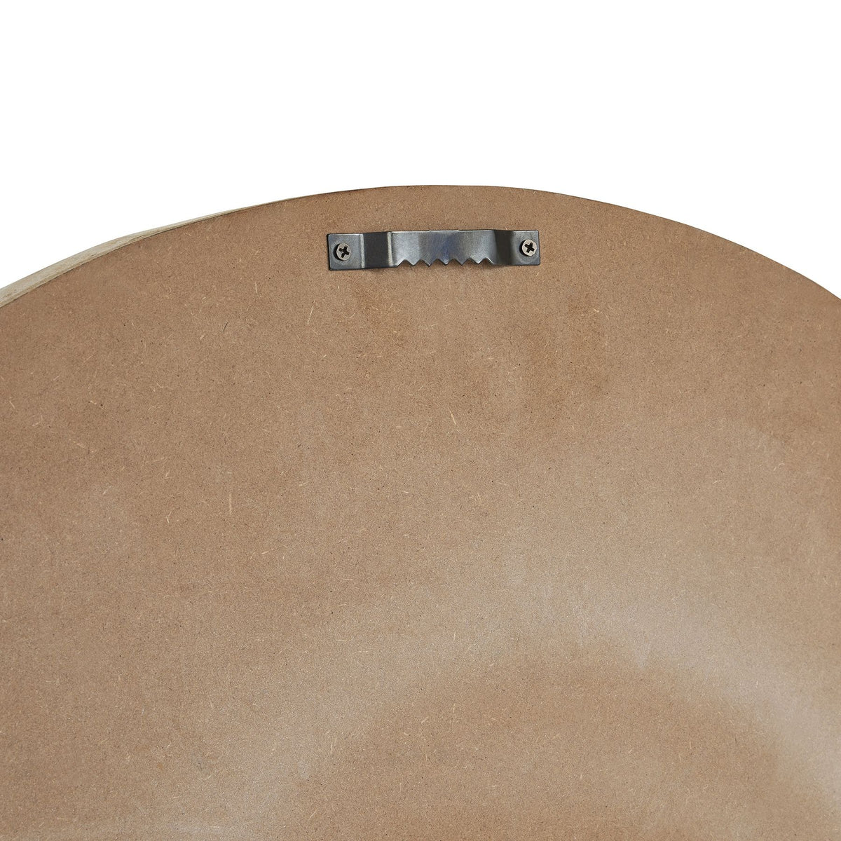 Rear upper edge of the clock showing a silver-coloured sawtooth hanger fixed with two screws to the brown backing.
