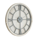 Angled view of a round whitewashed wall clock with light-grey Roman numerals, circular framework and three grey hands.