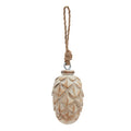 Pale washed brown pinecone-shaped ornament hanging upright from a long knotted rope loop on a white background.