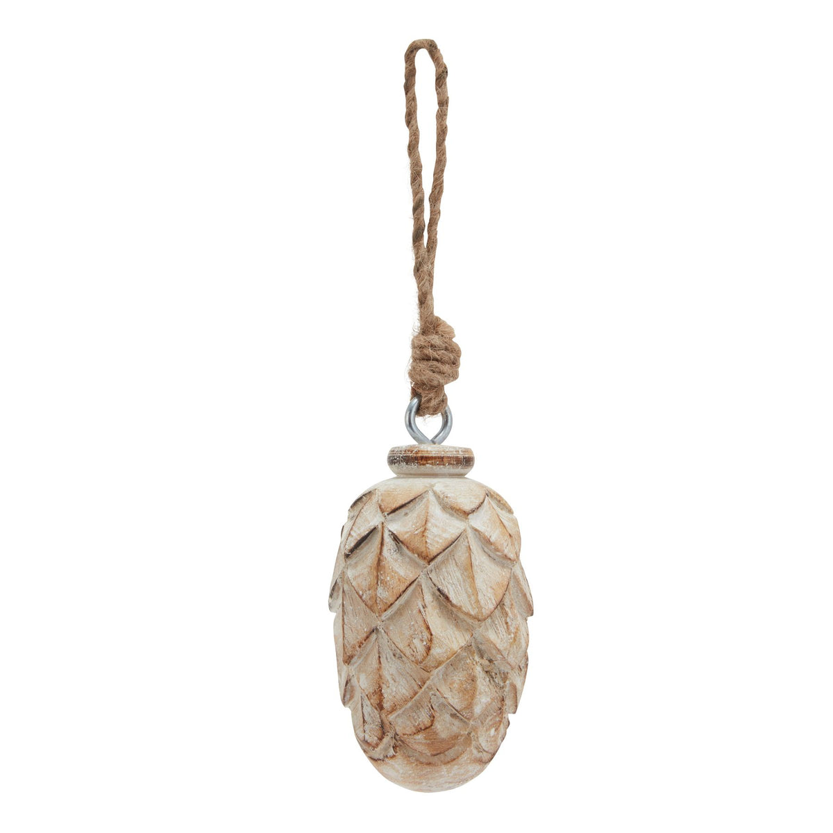Pale washed brown pinecone-shaped ornament hanging upright from a long knotted rope loop on a white background.