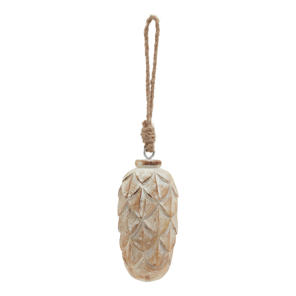 Full view of a pale washed pinecone-shaped ornament with overlapping scales and a long knotted rope hanging loop on a white background.