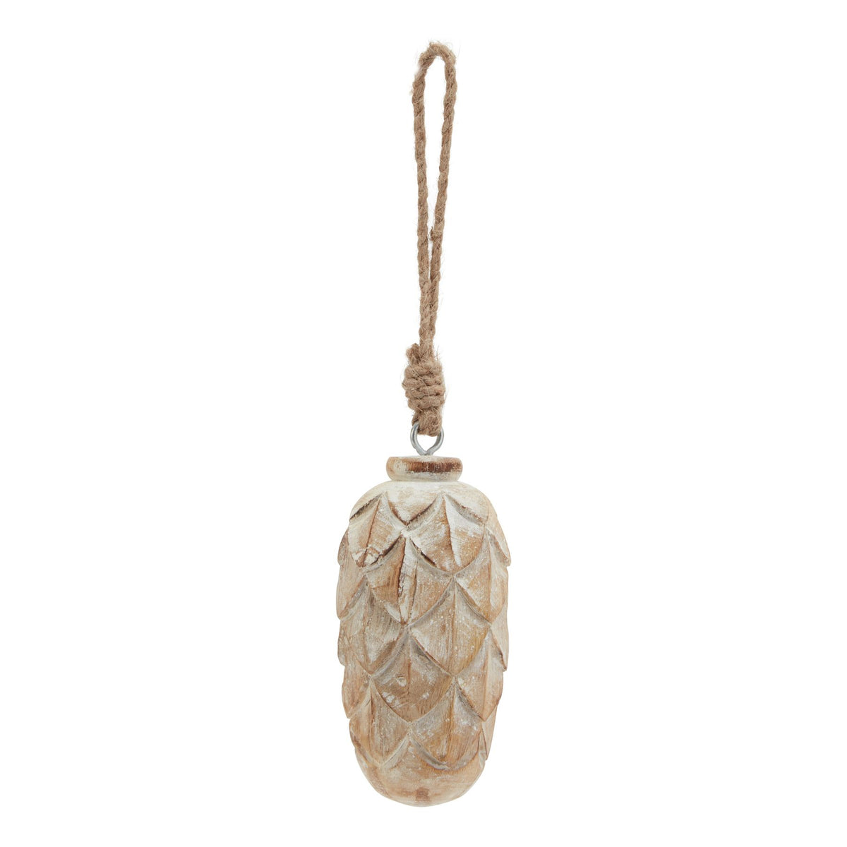 Full view of a pale washed pinecone-shaped ornament with overlapping scales and a long knotted rope hanging loop on a white background.