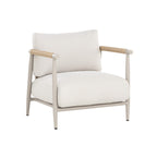 Three-quarter front view of a greige lounge chair with cream seat and back cushions and tan wrapped arms.