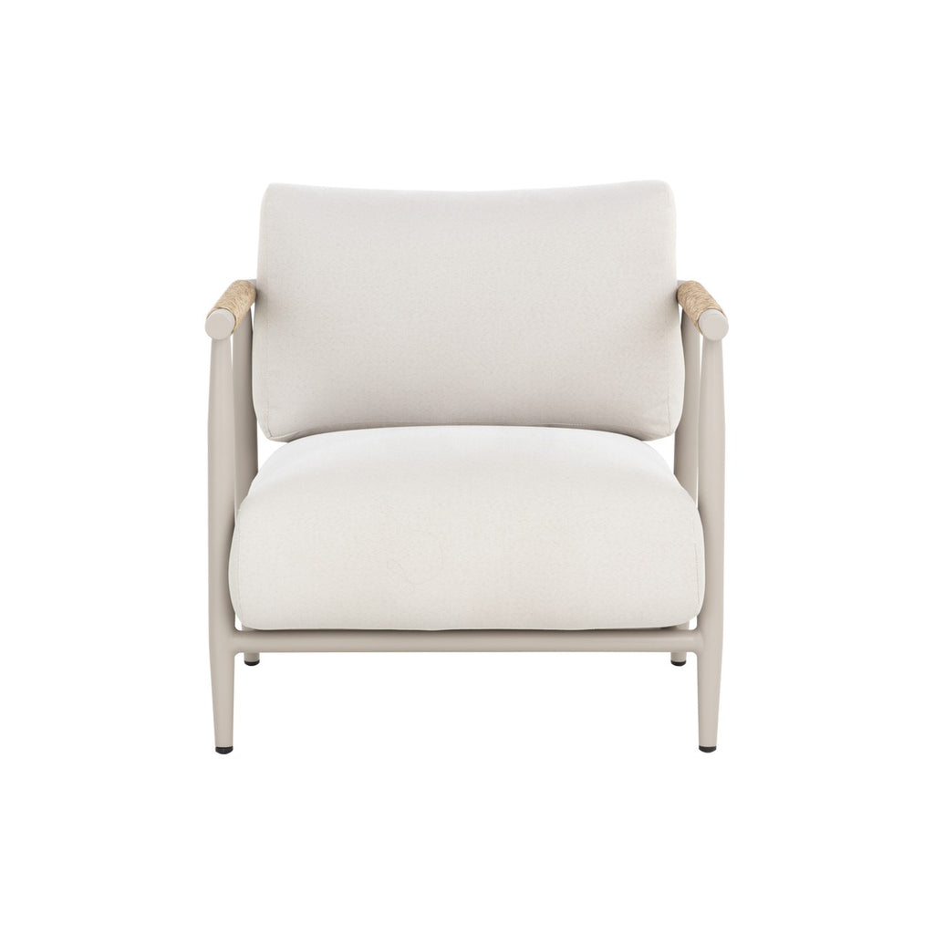 Front view of the lounge chair showing broad cream cushions between slim greige legs and wrapped armrests.