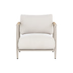 Front view of the lounge chair showing broad cream cushions between slim greige legs and wrapped armrests.