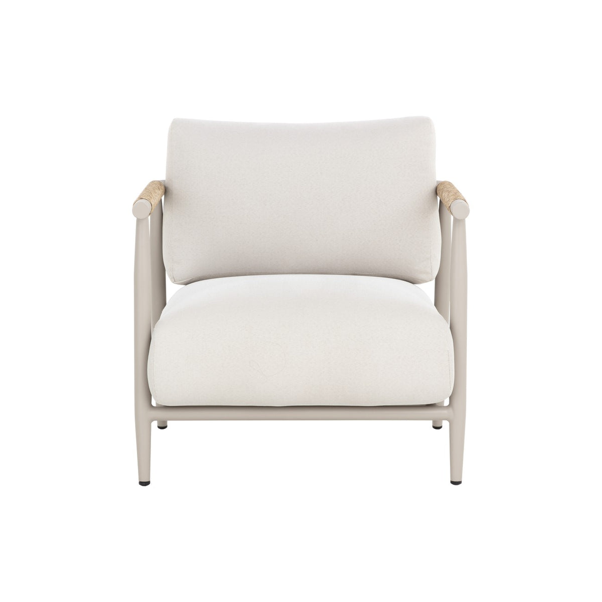 Front view of the lounge chair showing broad cream cushions between slim greige legs and wrapped armrests.