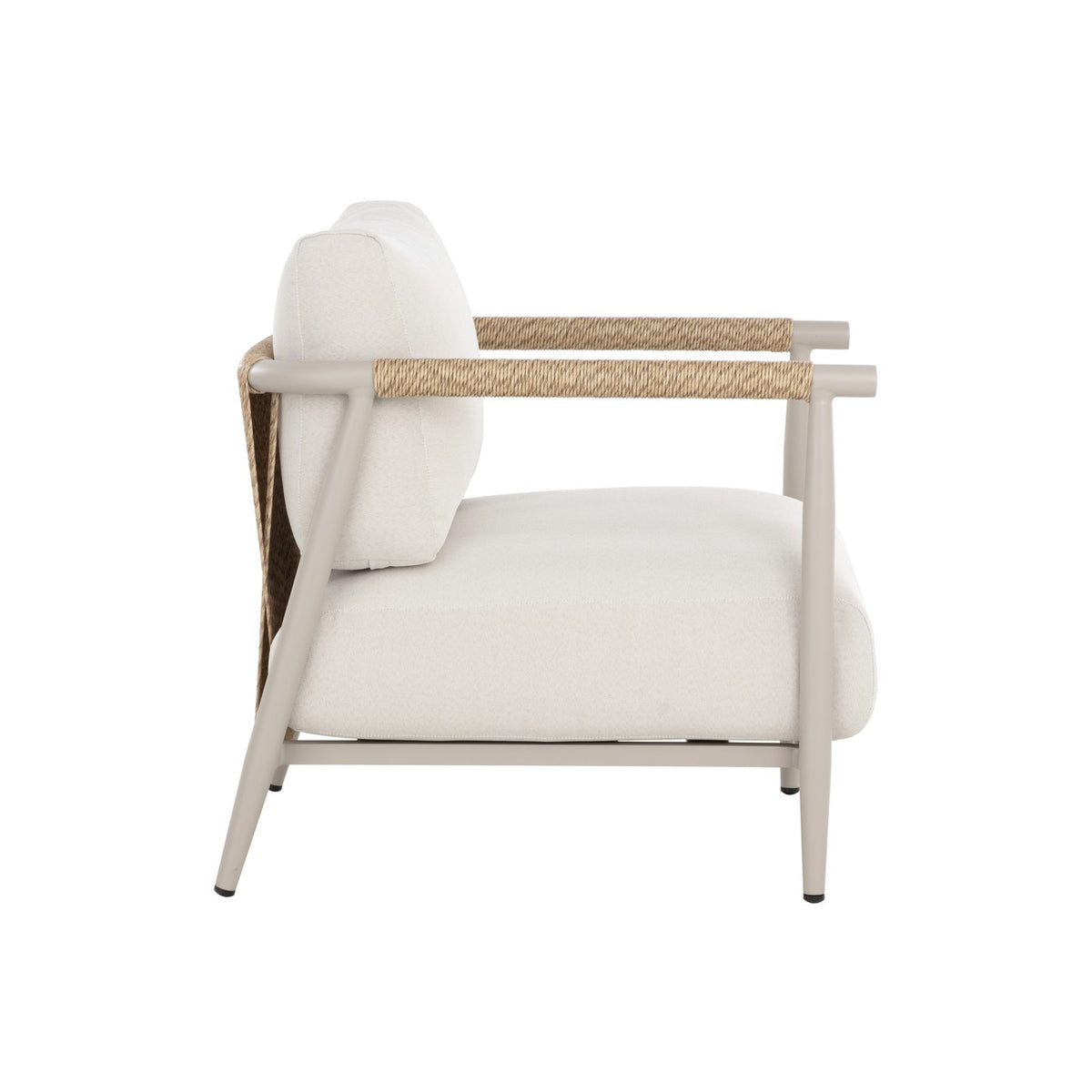 Side view showing the lounge chair's reclined back, faux-rattan detailing, thick cream seat cushion and angled rear leg.