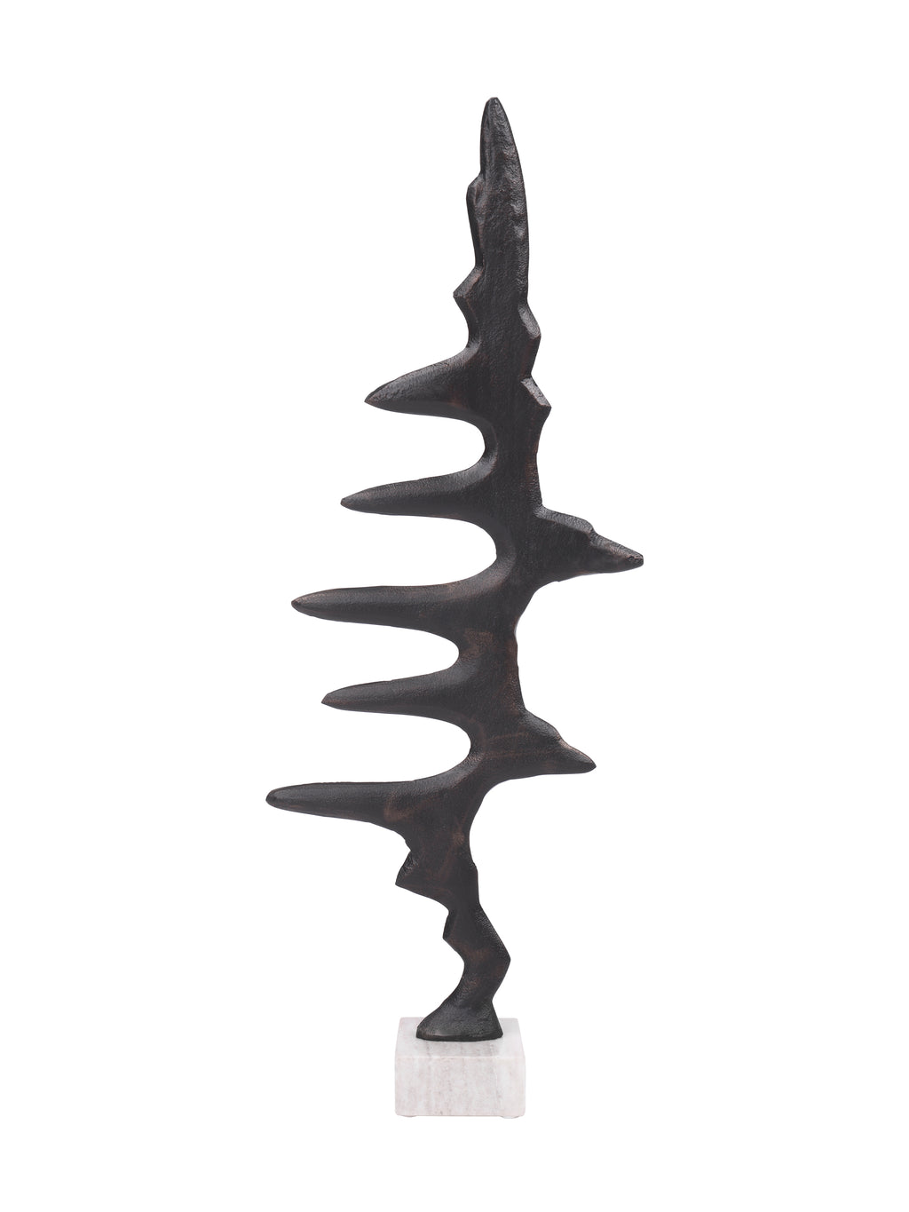 Front view of the dark Waveform Sculpture with irregular pointed peaks and curved gaps on a pale square marble base.