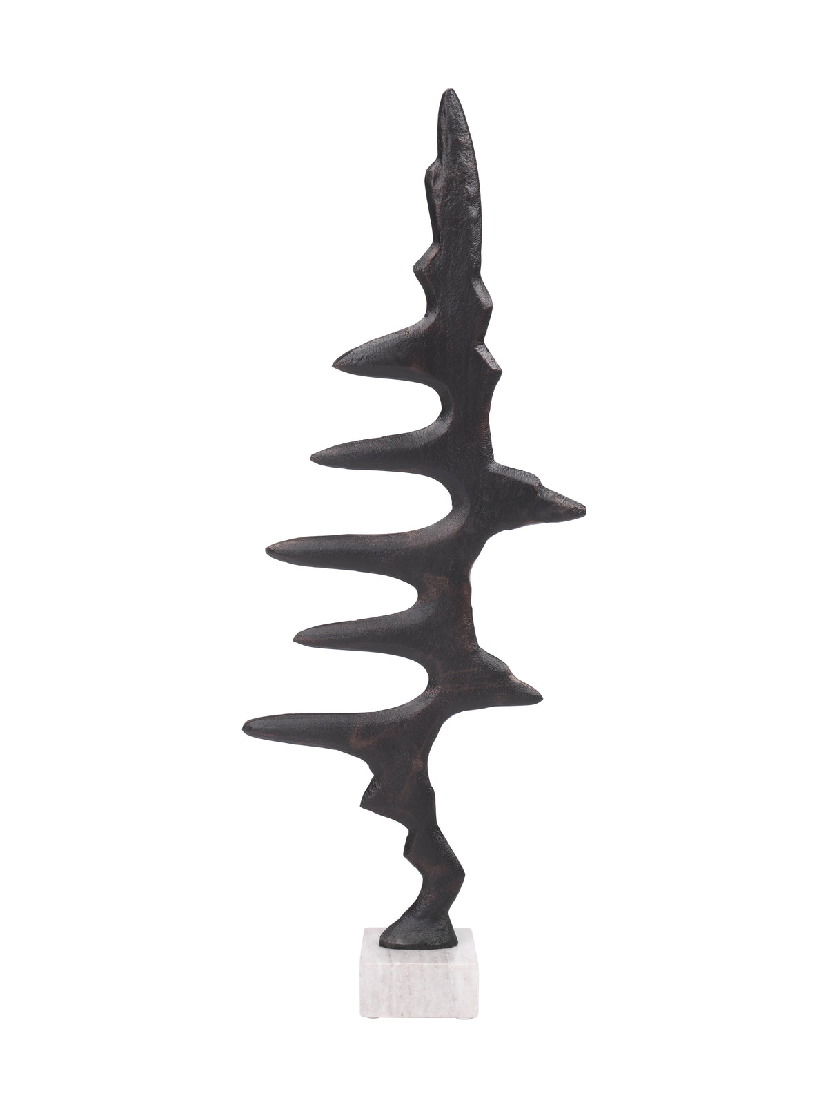 Front view of the dark Waveform Sculpture with irregular pointed peaks and curved gaps on a pale square marble base.