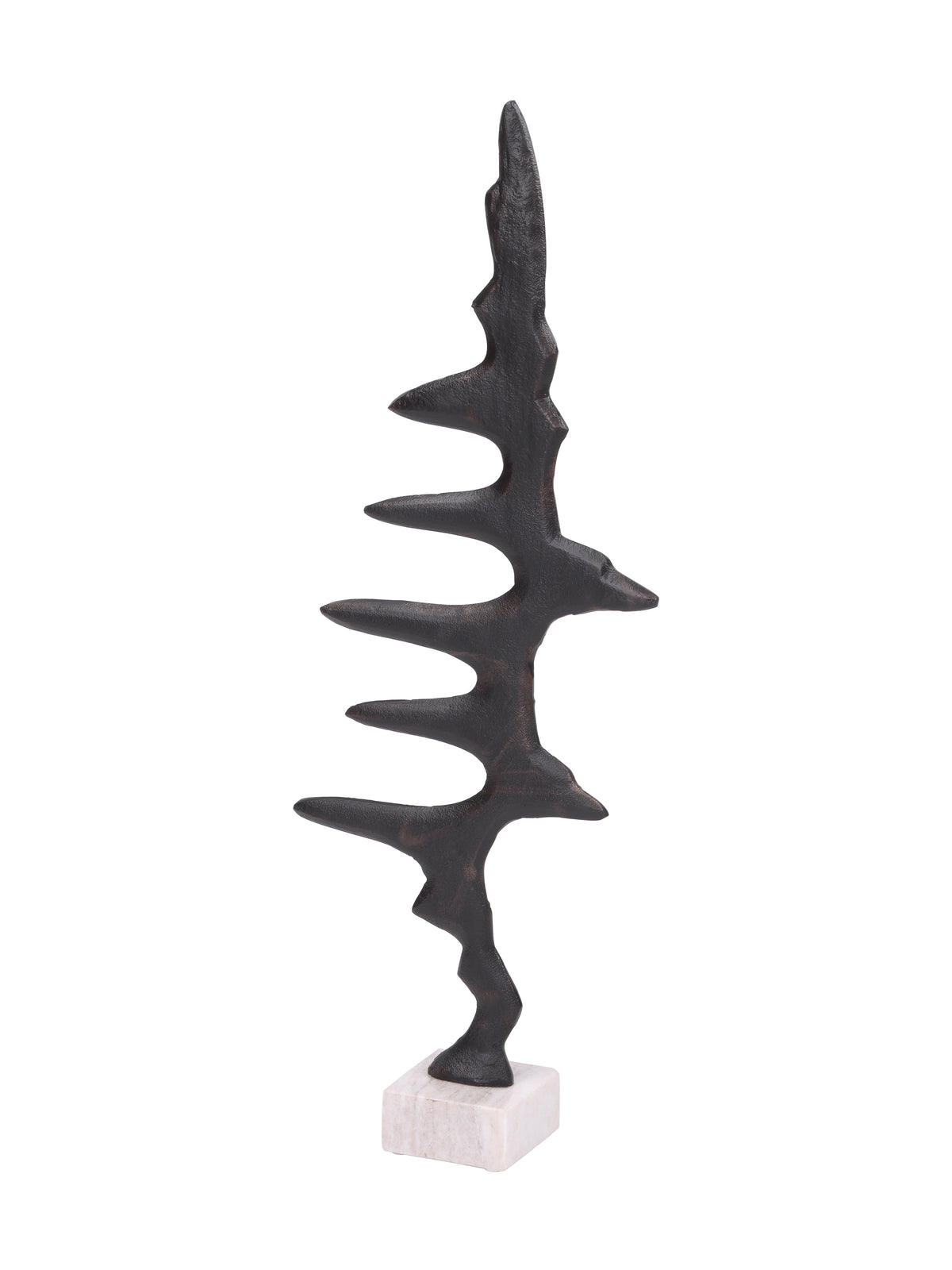 Angled view of the Waveform Sculpture showing its textured dark surface, warm edge highlights and marble plinth.