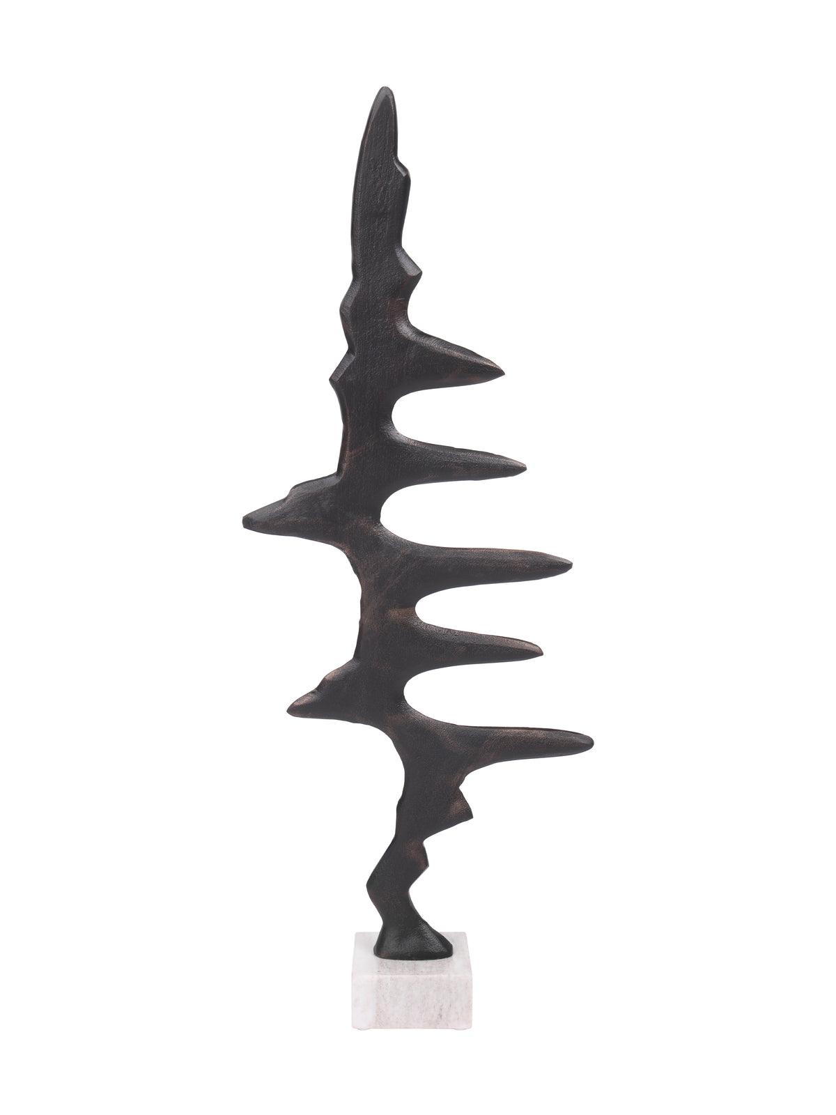 Rear view of the Waveform Sculpture with long peaks extending to the right above its pale marble base.