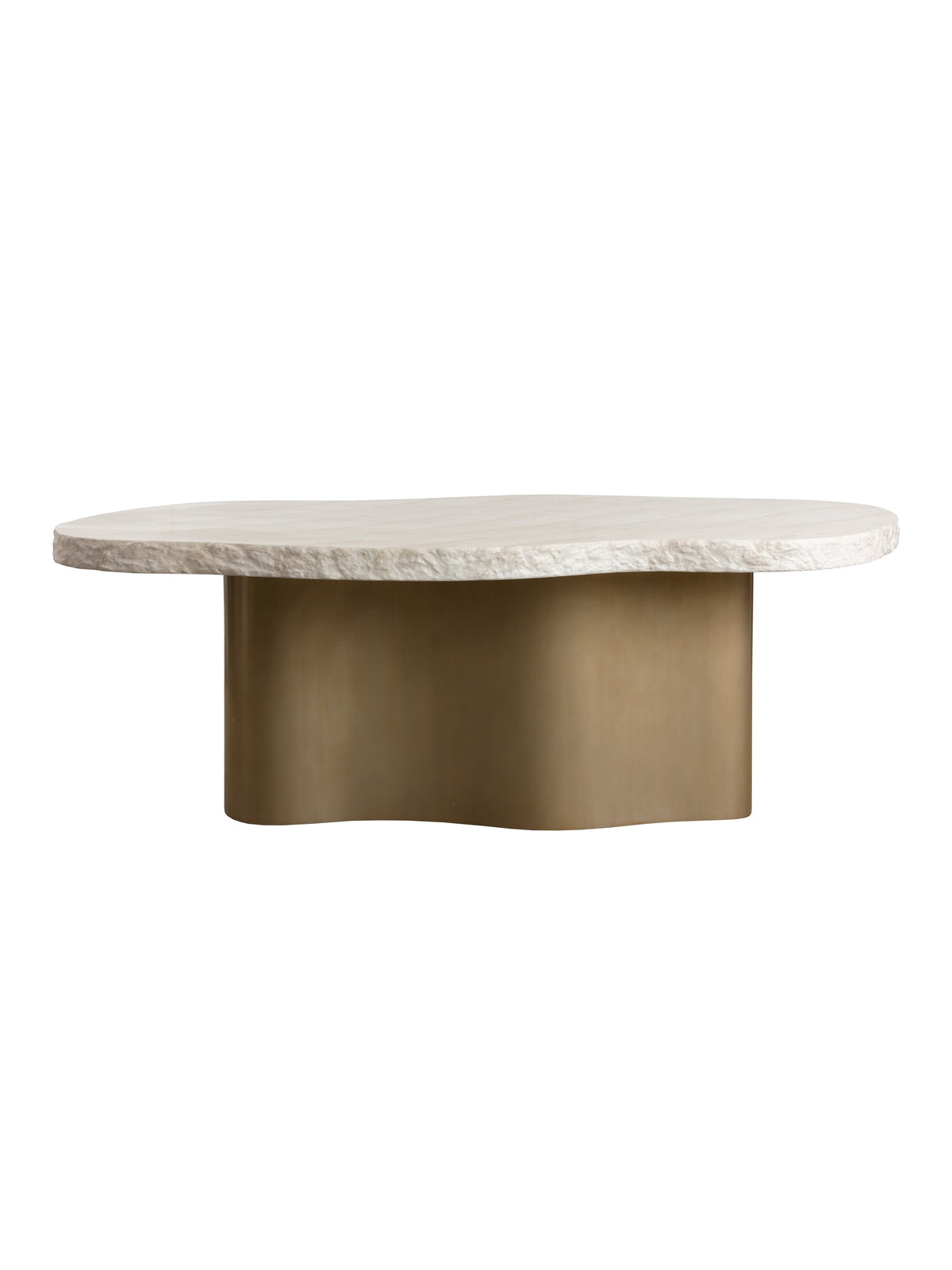 Front view of the Waveline dining table, showing its cream curved top, textured edge and broad brass-toned pedestal.