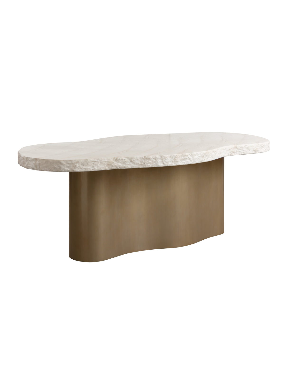 Angled view of the Waveline dining table showing the undulating tabletop and curved brass-toned base against white.