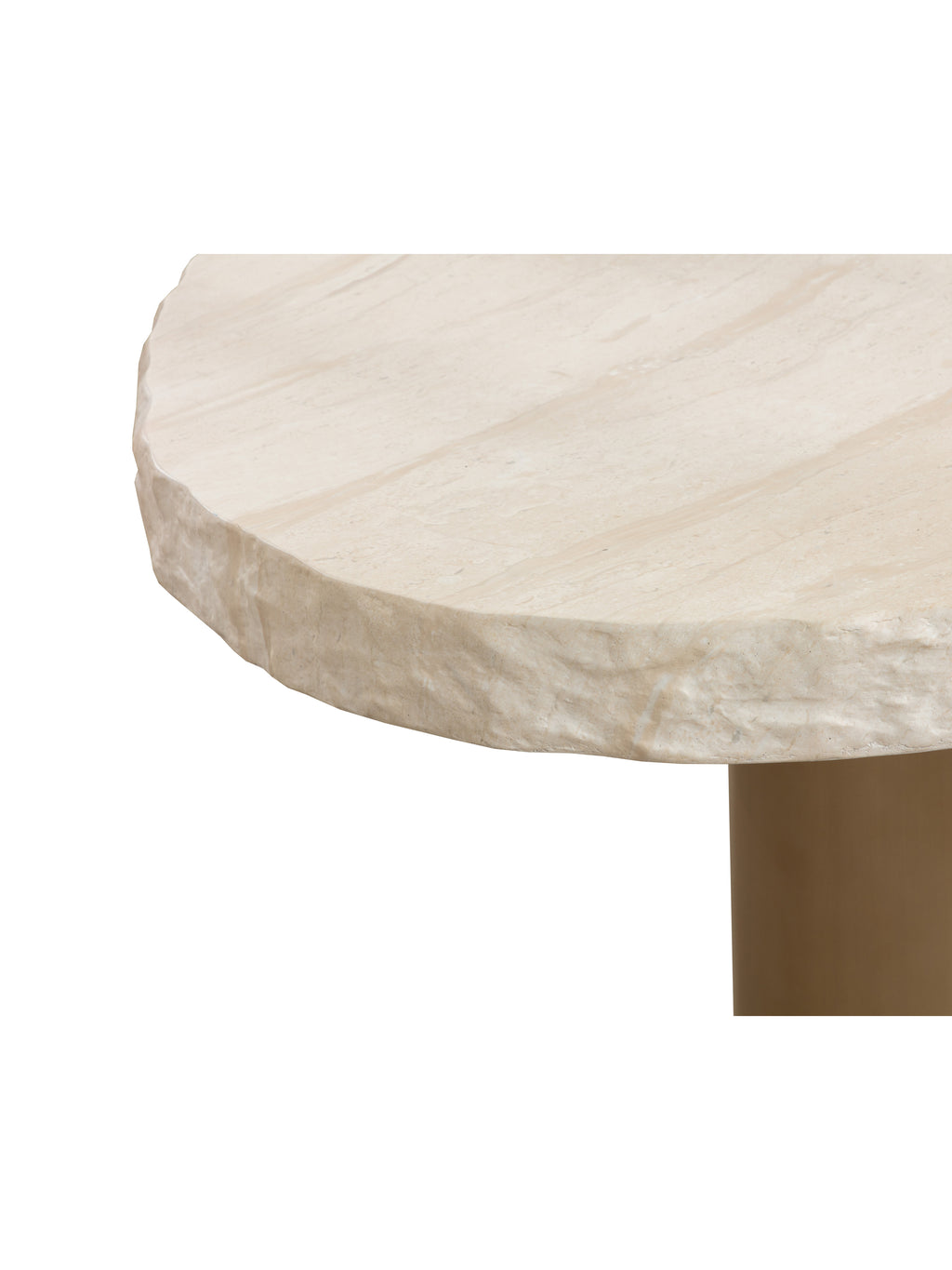 Close-up of the cream tabletop showing fine pale markings, a smooth upper surface and rough-textured curved edge.