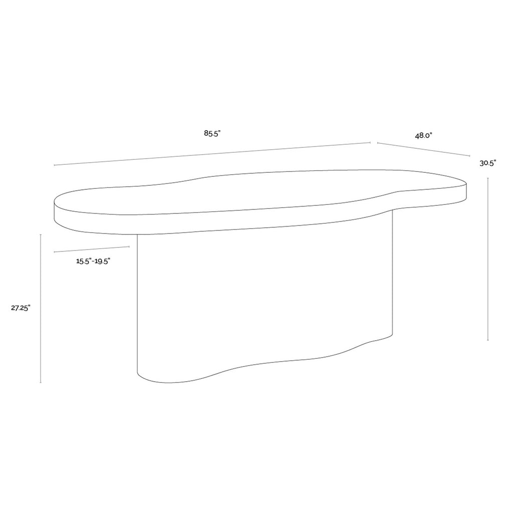Line drawing of the Waveline dining table with measurement guides around its curved top and pedestal base.