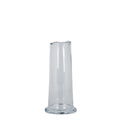 Clear glass vase with a tall cylindrical body, gently waved open rim and rounded flared foot, shown empty against white.