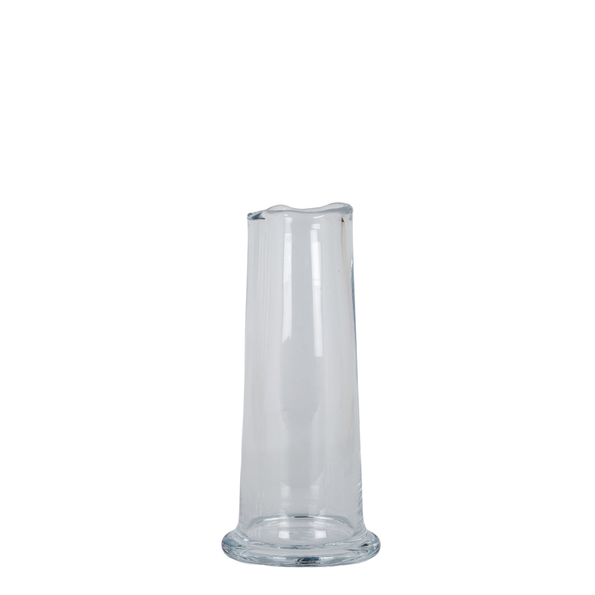 Clear glass vase with a tall cylindrical body, gently waved open rim and rounded flared foot, shown empty against white.