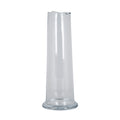 Tall clear glass vase shown empty against white, with a gently waved open rim, near-cylindrical body and rounded flared foot.