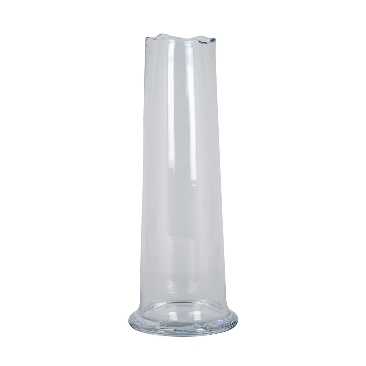 Tall clear glass vase shown empty against white, with a gently waved open rim, near-cylindrical body and rounded flared foot.