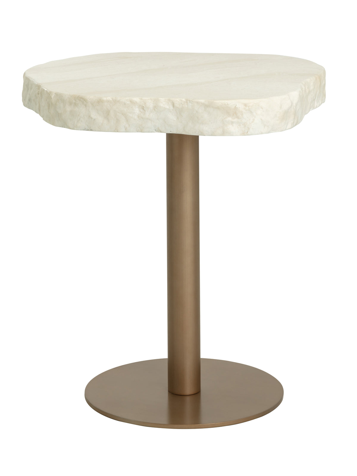 Cream bistro table with a thick wavy-edged top, antique brass pedestal and circular base against a white background.